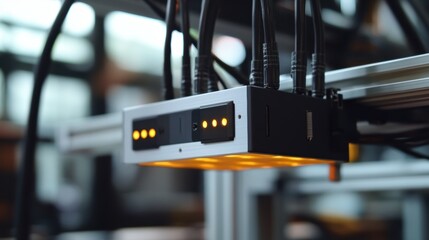 A closeup of a factory sensor device equipped with antennas and LED indicators capturing crucial data from machinery to optimize production processes.