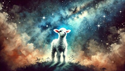 Lamb illustration with watercolor style sky background - Christian background of the Lamb of God with copy space