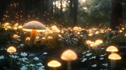 Glowing mushrooms illuminate a forest floor with white flowers at dusk.
