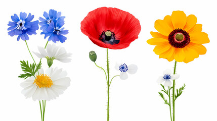 Obraz premium Poppy, chamomile, cornflower, clover, anemone and sunflower watercolor wildflowers. Blooming. Illustration