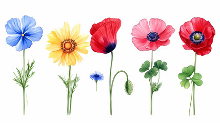 Fototapeta premium Poppy, chamomile, cornflower, clover, anemone and sunflower watercolor wildflowers. Blooming. Illustration