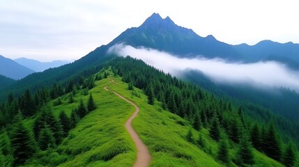 Scenic mountain landscape with a winding path through greenery.