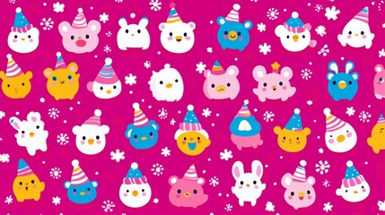 Cute Cartoon Animals with Party Hats on a Festive Raspberry Background, Celebrating Winter Holidays