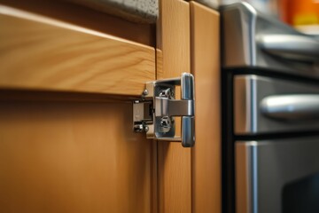 Naklejka premium Close-up of cabinet door hinge, wood, metal.