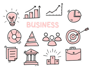 Set of icons with business, marketing theme. With doodle style. For layout, website, graphic design.