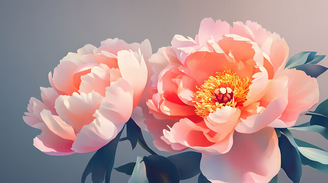 Soft and romantic pink and orange peony flower wall for wedding and special events. Blooming. Illustration