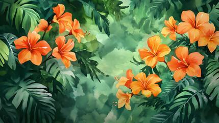 Fototapeta premium Stunning watercolor painting of vibrant orange trumpet vine flowers in full bloom surrounded by lush green foliage elegant and floral design with a soft natural aesthetic. Blooming. Illustration