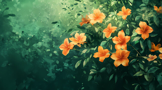 Stunning watercolor painting of vibrant orange trumpet vine flowers in full bloom surrounded by lush green foliage elegant and floral design with a soft natural aesthetic. Blooming. Illustration