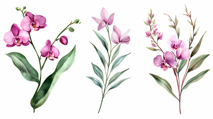 These watercolor eucalyptus leaves, herbs, branches, wildflowers, and orchids are perfect for floral designs. Blooming. Illustration