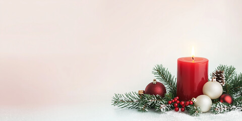 Christmas banner or card design with candle, ornaments, lights, gift box and baubles. Merry Christmas and Happy New Year header with copy space on light red, pink background