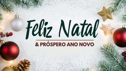 Feliz Natal e próspero ano novo texto em fundo natalino com decoração, vela, bolas de natal, presente. "Feliz Natal" Portuguese text lettering design on christmas background banner or card