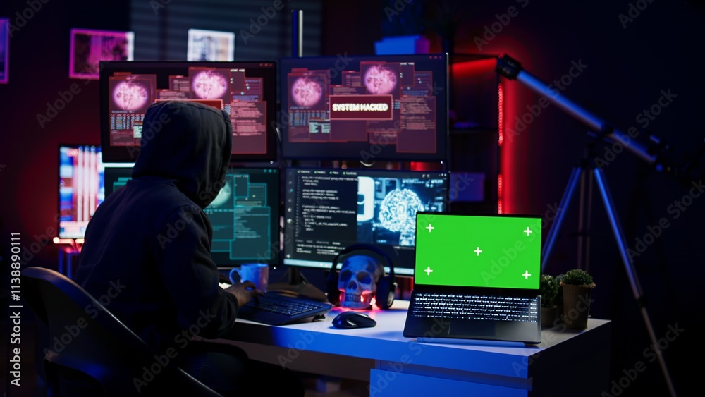 Poster green screen laptop used by hacker in underground hideout to write lines of code, developing virus t