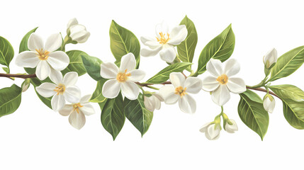 Obraz premium Graceful jasmine blooms showcased on a pristine white background, flowers, wallpaper, decoration, graceful. Blooming. Illustration