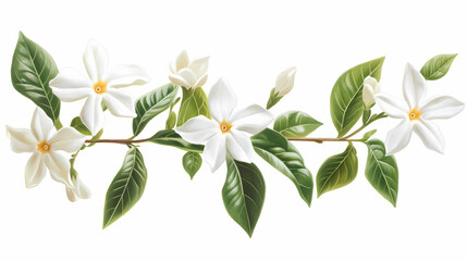 Obraz premium Graceful jasmine blooms showcased on a pristine white background, flowers, wallpaper, decoration, graceful. Blooming. Illustration
