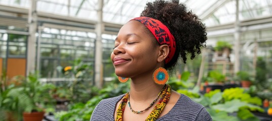 Smiling Woman Enjoys Tranquility, Mindfulness Meditation in Lush Greenhouse Setting,
