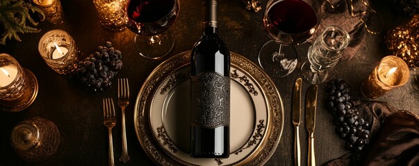 Exclusive elegance for Valentine's Day: a top view reflecting the sophistication of a luxurious dining setting with a bottle of wine