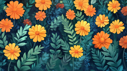 Fototapeta premium Orange african marigold blooms garden vibrant. Blooming. Illustration