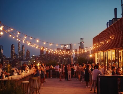 A rooftop bar with string lights, people socializing and enjoying drinks, overlooking the city skyline at dusk The scene captures an urban night vibe, perfect for summer events or casual Generative AI