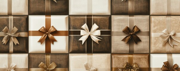 Elegant Brown and White Christmas Wallpaper. Precisely arranged Festive Gifts form a Grid pattern.