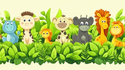 Naklejka premium Cute Cartoon Animals in a Jungle Background Surrounded by Leaves