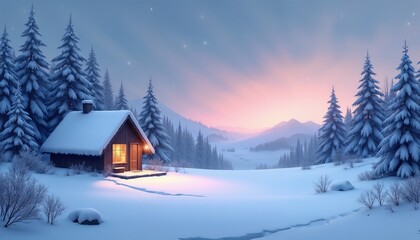 Fototapeta premium Cozy cabin in a winter wonderland with warm light at dusk surrounded by snowy trees