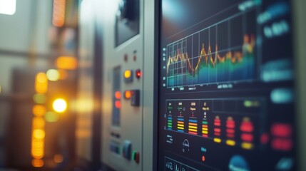 Closeup of a digital energy monitoring system displaying realtime consumption data on a screen with colorcoded graphs and figures indicating energy savings in manufacturing processes.