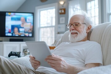 An elderly man sitting in a living room and using a tablet. Generative AI