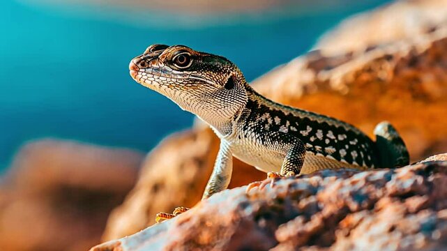 A detailed view of a lizard basking on a sunlit rock in a desert setting. Concept of adaptation and survival in arid environments.