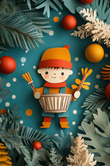 Little boy playing drums, Christmas paper cut out design