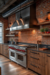 Photographie immobili&egrave;re professionnelle d'une cuisine industrielle avec murs en briques apparentes, acier inoxydable et &icirc;lot central, ambiance moderne et urbaine