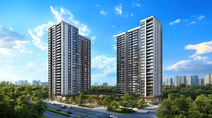 Fototapeta premium Modern high-rise residential twin towers with green surroundings.