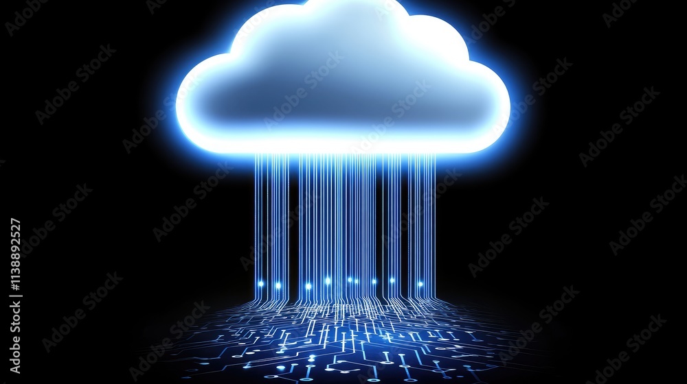 Poster digital cloud concept with data streams and abstract light effects