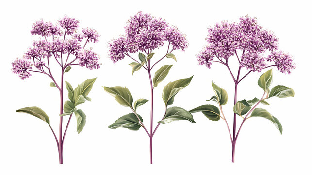 Collection of eupatorium purpureum plants beautiful isolated on white background. Blooming. Illustration
