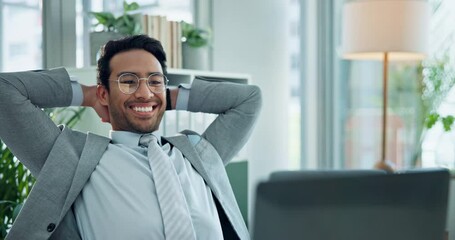 Relax, business man and office with calm, success and achievement from promotion or case win. Lawyer, confidence and tech in law firm with rest from project finish and legal settlement with break