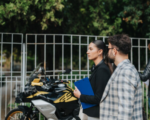 A group of business people confidently walk outdoors near a motorcycle, showing determination and purpose. This image captures a modern and dynamic work environment.