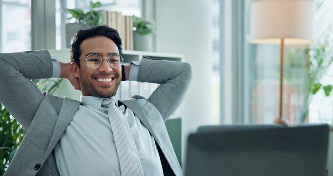 Relax, business man and office with calm, success and achievement from promotion or case win. Lawyer, confidence and tech in law firm with rest from project finish and legal settlement with break