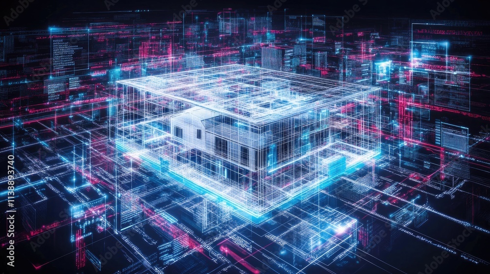 Poster futuristic digital building design with connected data streams