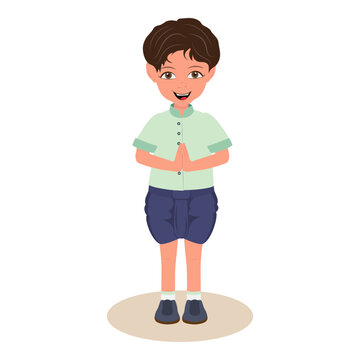 Flat Vector Illustration of Sawasdee, Kids in Traditional Clothing. Item 1