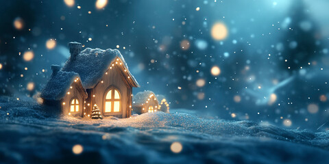 Fototapeta premium Dreamy Holiday Scene with Glowing Wooden Houses Ornaments and String Lights in Falling Snow
