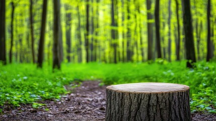 Peaceful Forest Scene with Tree Stump and Lush Green Background