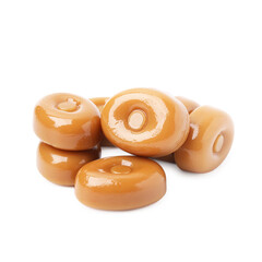Tasty hard toffee candies isolated on white