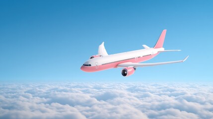 Obraz premium A stylized airplane flying above fluffy clouds in a blue sky.