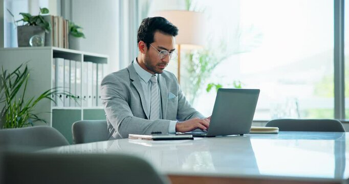 Business man, paperwork and laptop with accounting research for budget, statistics and growth management. Tech, professional and report with investment admin and email for planning of accountant