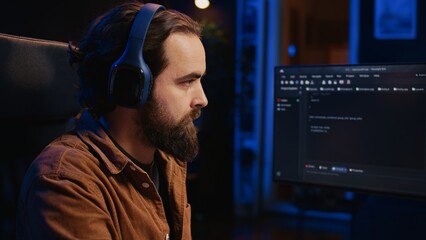 Computer scientist listening music while writing lines of code during remote job shift in home...