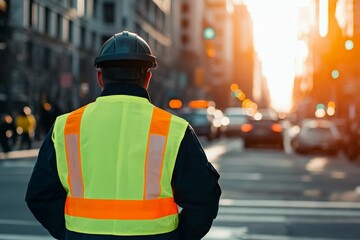 Worker in bright vest facing city street.