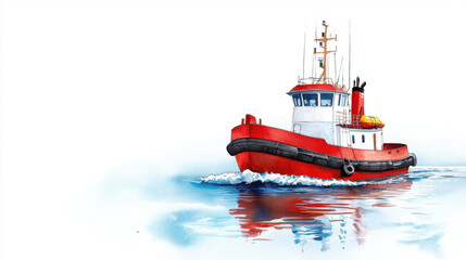 Fototapeta premium Tugboat navigating tranquil ocean waters, creating gentle waves and reflections