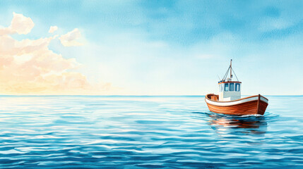 Fototapeta premium serene tugboat navigates tranquil ocean waters under bright sky