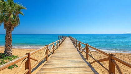 Obraz premium Serene wooden boardwalk over sandy beach leading to tranquil ocean under a clear blue sky
