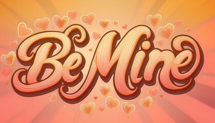 Hand drawn Be Mine text in groovy font surrounded by hearts for romantic occasions. Generative AI