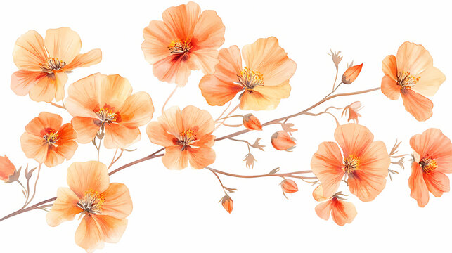 Blooming desert globemallow floral watercolor in warm orange tones on white background. Blooming. Illustration
